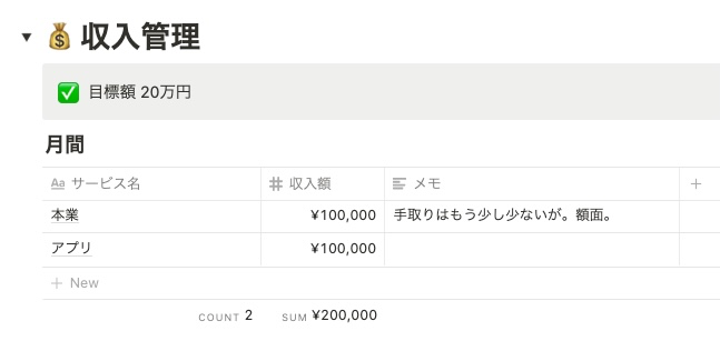 収入管理データベースのスクリーンショット