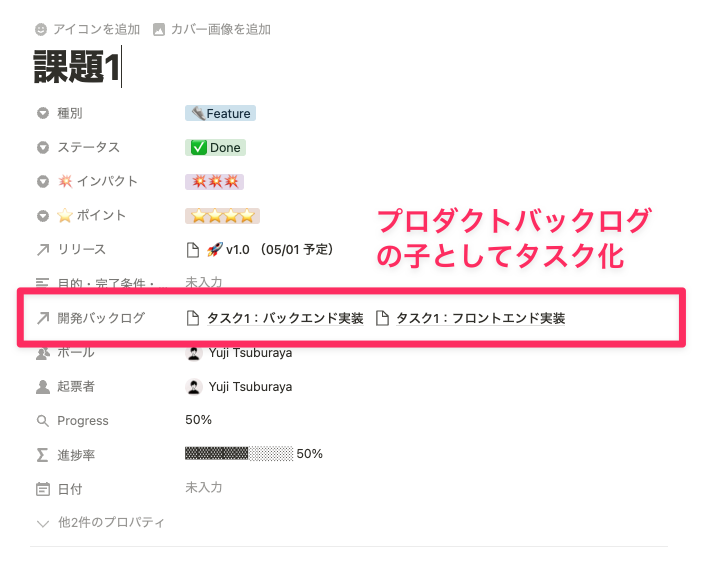 プランニングでは、課題と関連した子タスクを起票する