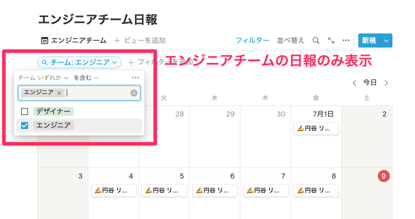 エンジニアチームの日報のみ表示できるようにフィルターされたビュー