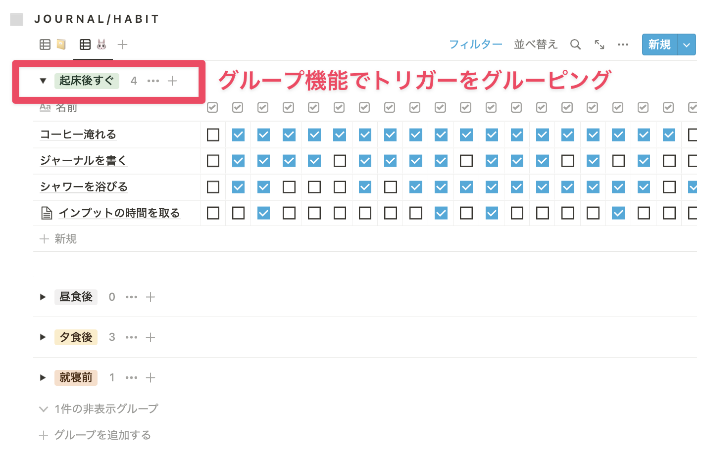 トリガーをグルーピングして表示している