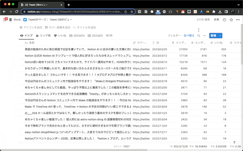 Notion の DB で「ふるさと納税」のツイートを探す様子