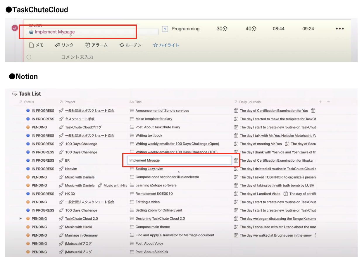 発生したタスクは TaskChuteCloud と Notion どちらも同じ名称で登録