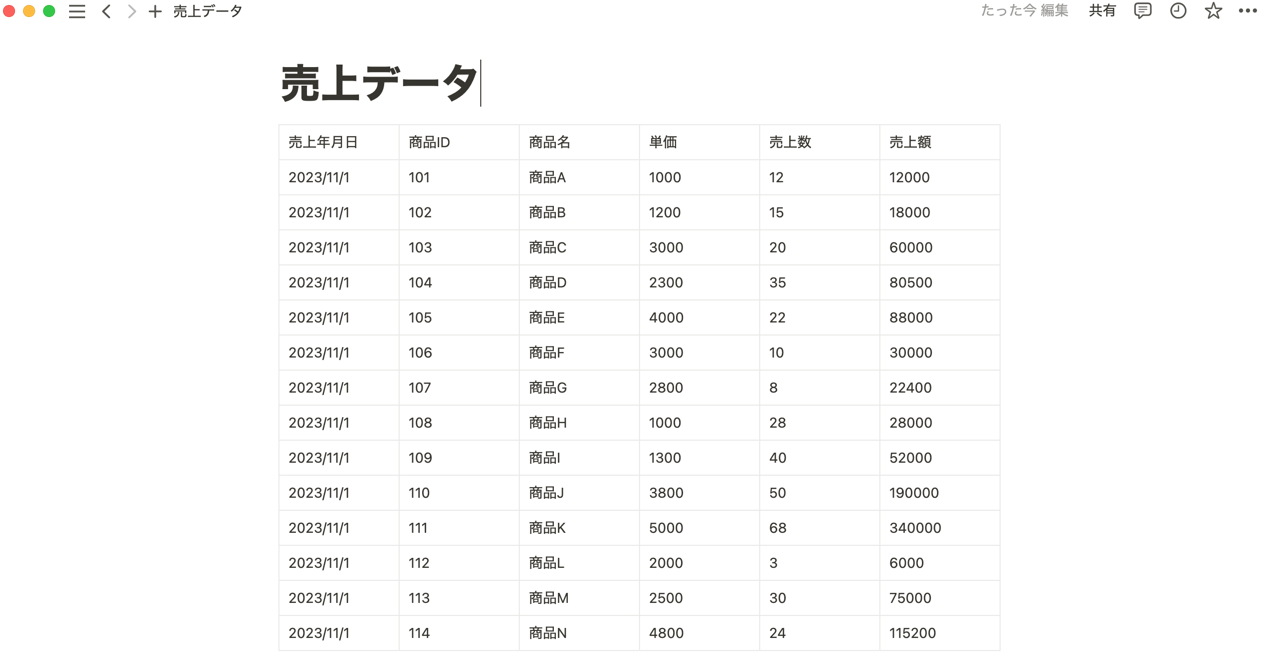 Excel のデータをコピーし、Notion のページ上で貼り付けるとテーブルにて表示される