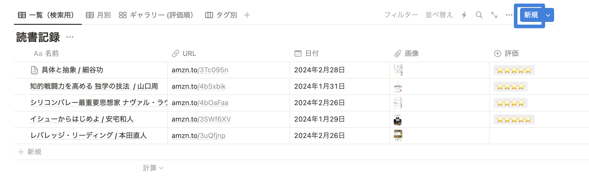 データベース右上「新規」ボタンをクリックし、新規ページを作成