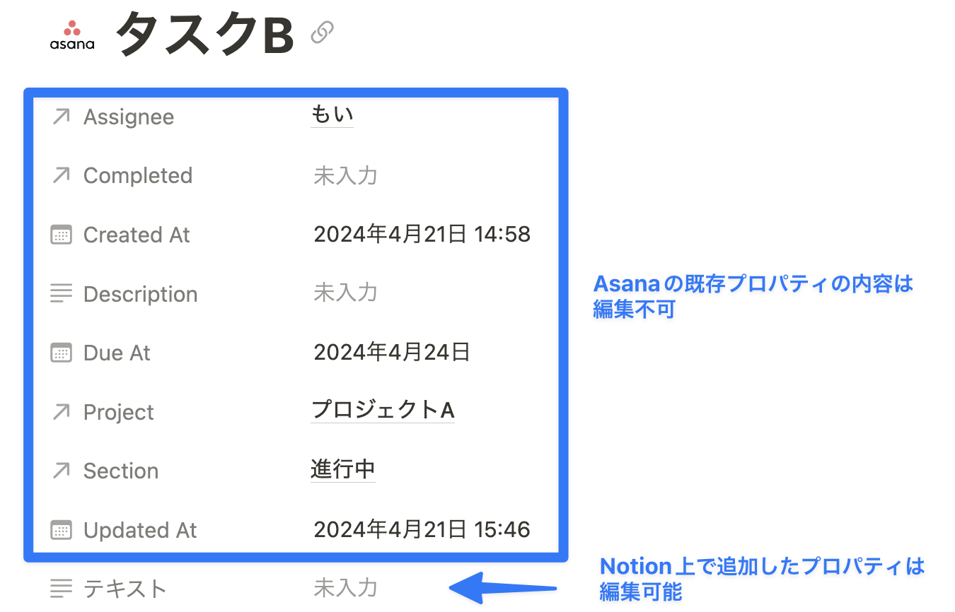 Notion 側で追加したプロパティは編集可、Asana と同期しているプロパティは Notion 上では編集不可