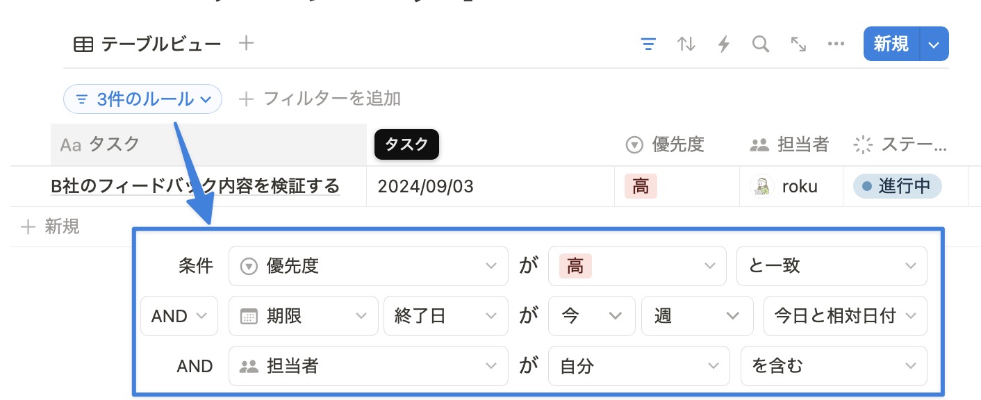 優先度が高い・期限が今週中のタスク・担当者が自分でフィルターしたタスク管理表