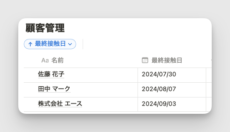 最終接触日が遠い順に並び替え