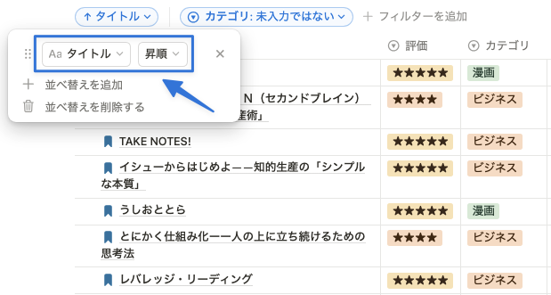 本のタイトル順にソートした例