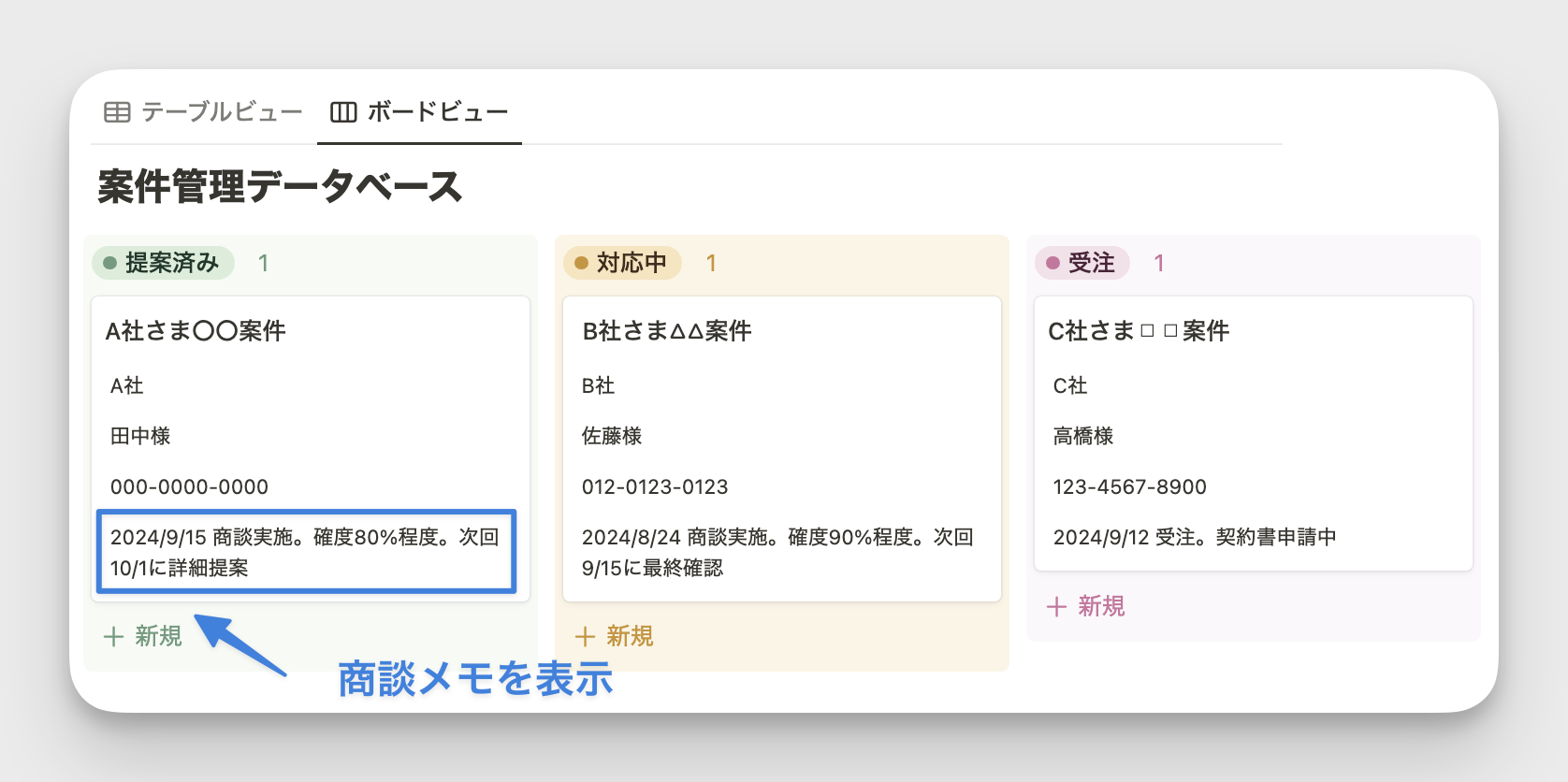 商談メモもボードビュー上で確認可能