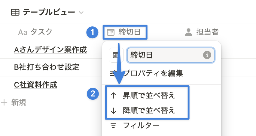プロパティ名をクリックしてソートを設定