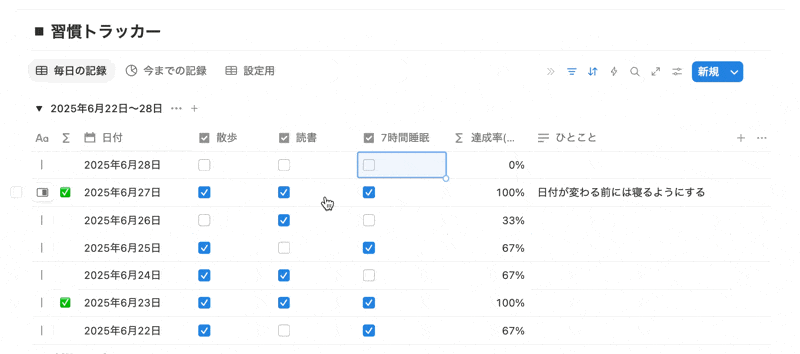 Notion を使うことで日々の習慣達成状況を記録できる