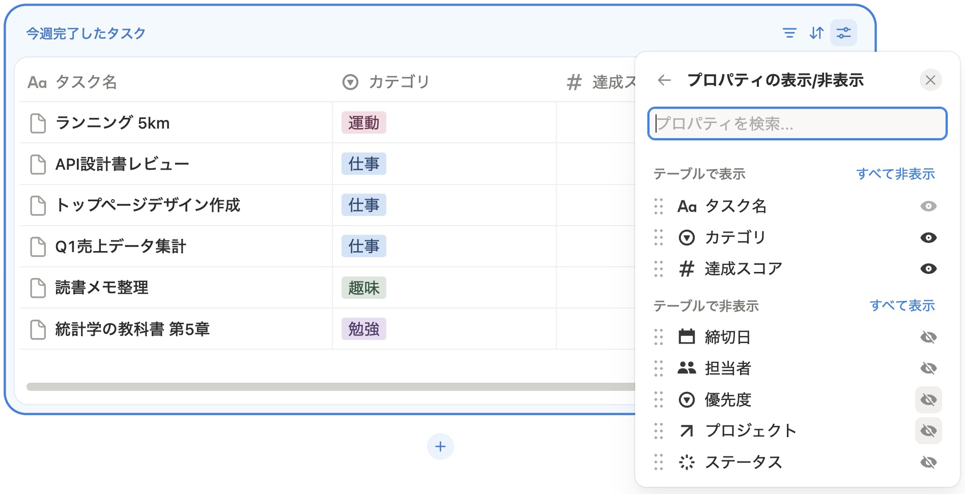 プロパティの表示/非表示設定