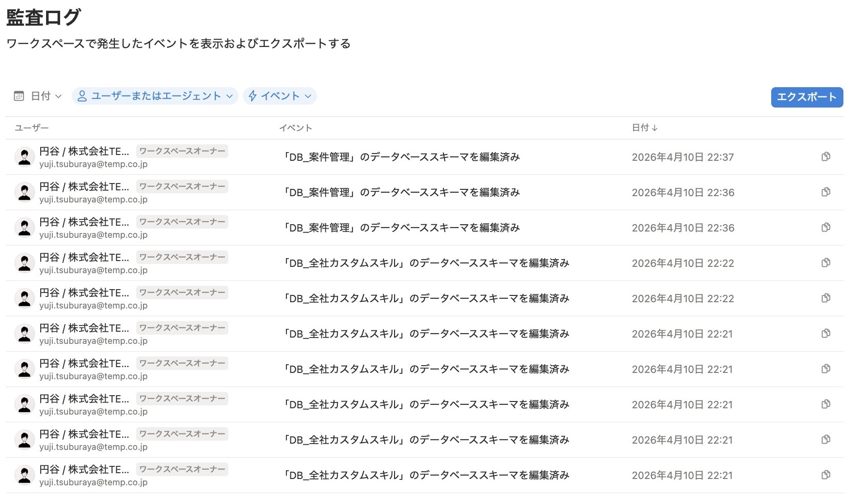 監査ログの画面イメージ